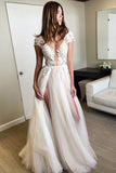 Sexy Split Tulle Cap Sleeves Deep V-Neck Lace Wedding Dresses