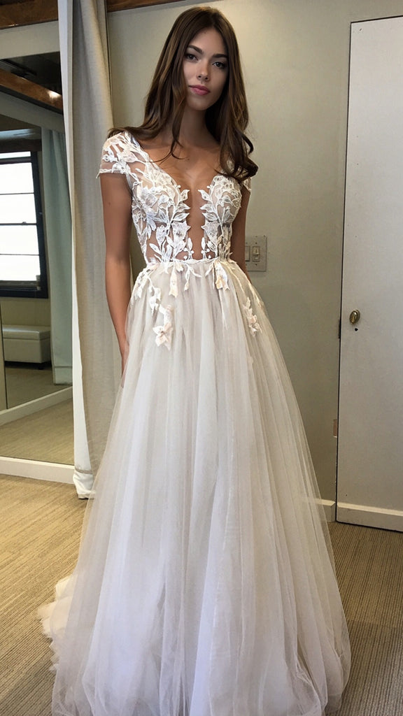 Sexy Split Tulle Cap Sleeves Deep V-Neck Lace Wedding Dresses