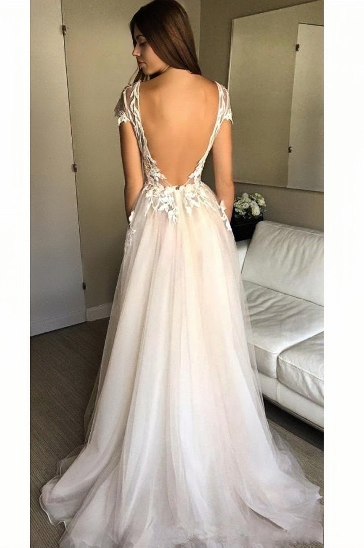 Sexy Split Tulle Cap Sleeves Deep V-Neck Lace Wedding Dresses