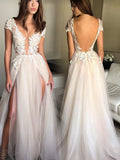 Sexy Split Tulle Cap Sleeves Deep V-Neck Lace Wedding Dresses