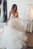 Sexy A-line V-neck Spaghetti Straps Ivory Tulle Wedding Dress,Ball Gowns,N12