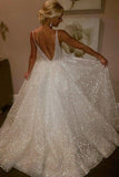 Ivory Sparkly V-neck Sleeveless Backless Floor-length Party Dress,Prom Dresses,N683