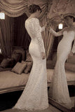 Vintage Ivory Trumpet Long Sleeves Lace Long Beach Wedding Dresses Lace Prom Gown N544