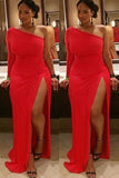 Sheath Long Sleeves One Shoulder Split Floor Length Prom Dress, Sexy Red Evening Dress N1218