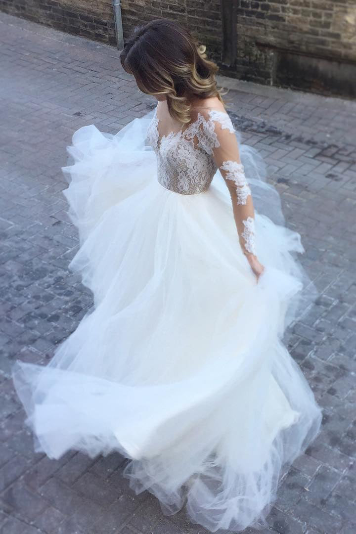 Ivory Sheer Long Sleeves Lace Tulle Backless Beach Wedding Dress,Bridal Gowns 2018,N577