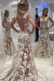 Ivory Sheer Back Jewel Neck Trumpet/Mermaid Lace Tulle Long Wedding Dresses,N548