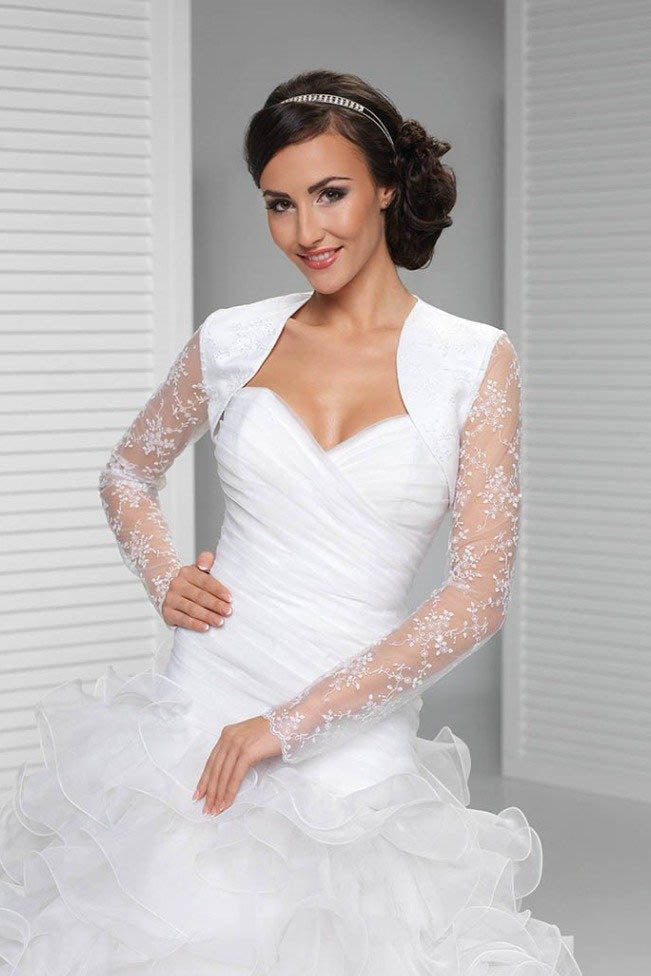 Cheap Sheer Tulle Long Sleeve Embroidery White Wedding Jacket, Bridal Jacket