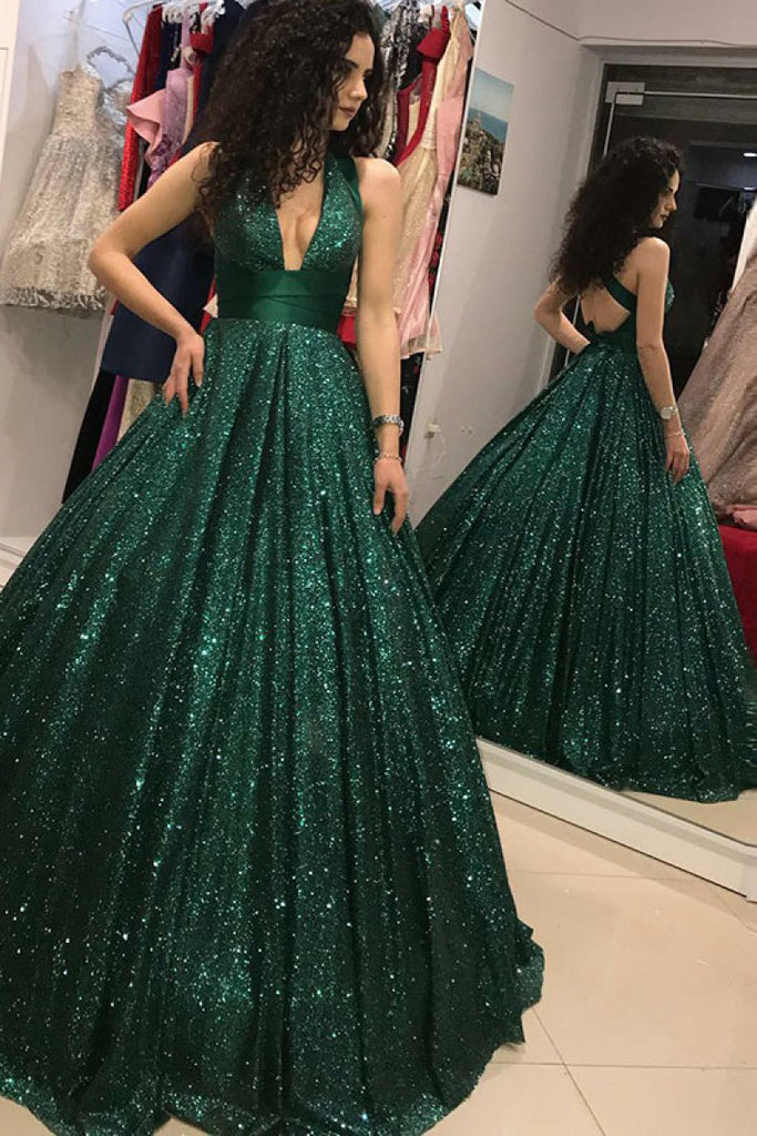 Shinny V-Neck Green Sequined Ball Gown Long Prom Dresses Quinceanera Dresses N1484