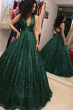 Shinny V-Neck Green Sequined Ball Gown Long Prom Dresses Quinceanera Dresses N1484