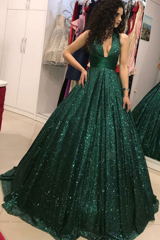 Shinny V Neck Green Sequined Ball Gown Long Prom Dresses, Quinceanera Dresses N1484