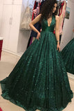 Shinny V Neck Green Sequined Ball Gown Long Prom Dresses, Quinceanera Dresses N1484