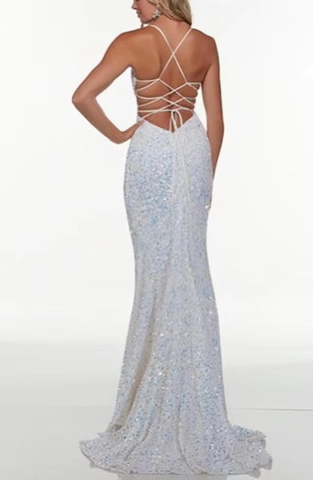 Shiny Mermaid Spaghetti Straps Sequines Long Prom Dresses