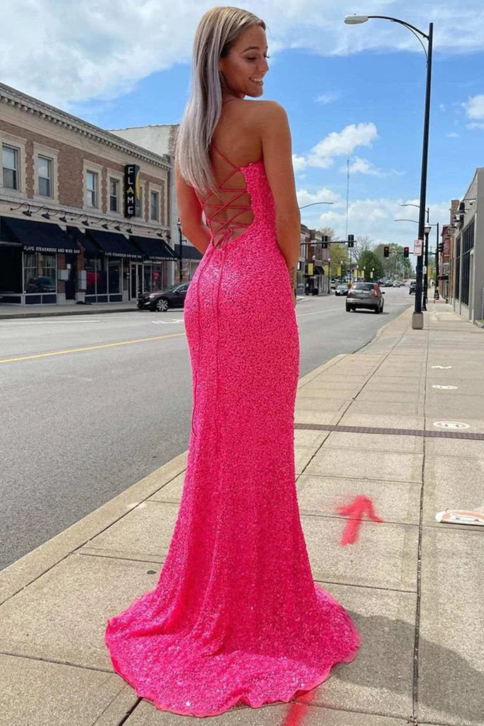 Sparkly Mermaid Sequined Hot Pink Evening Gown Sleeveless Long Prom Dress with Slit
