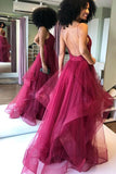 Burgundy Shiny V-Neck Backless Maroon Formal Evening Dresses Prom Dresses