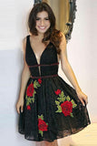 Black Deep V Neck Lace Junior Homecoming Dresses with Flowers Sexy Lace Black Dresses N1868