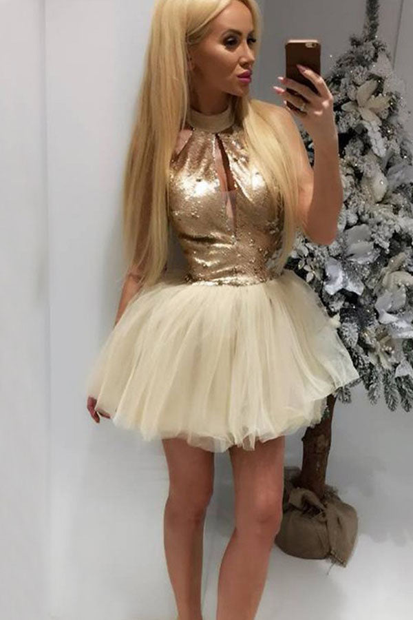 Sexy A-Line High Neck Champagne Short Tulle Homecoming Cocktail Dress with Keyhole 