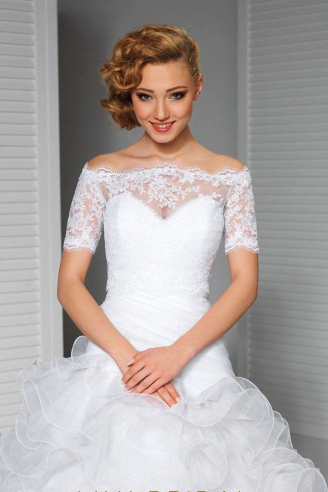 Short Sleeve Off-the-Shoulder White Lace Bridal Jacket, Bridal Shawl
