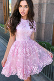 A Line Short Sleeves Short Pink Lace Homecoming Dresses