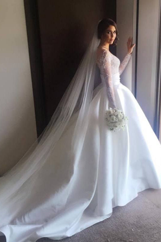 Romantic Lace Wedding Dresses with Satin Skirt with Long Sleeves Illusion Back N1469