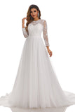 A Line Long Sleeve Lace Appliques Tulle Wedding Dresses