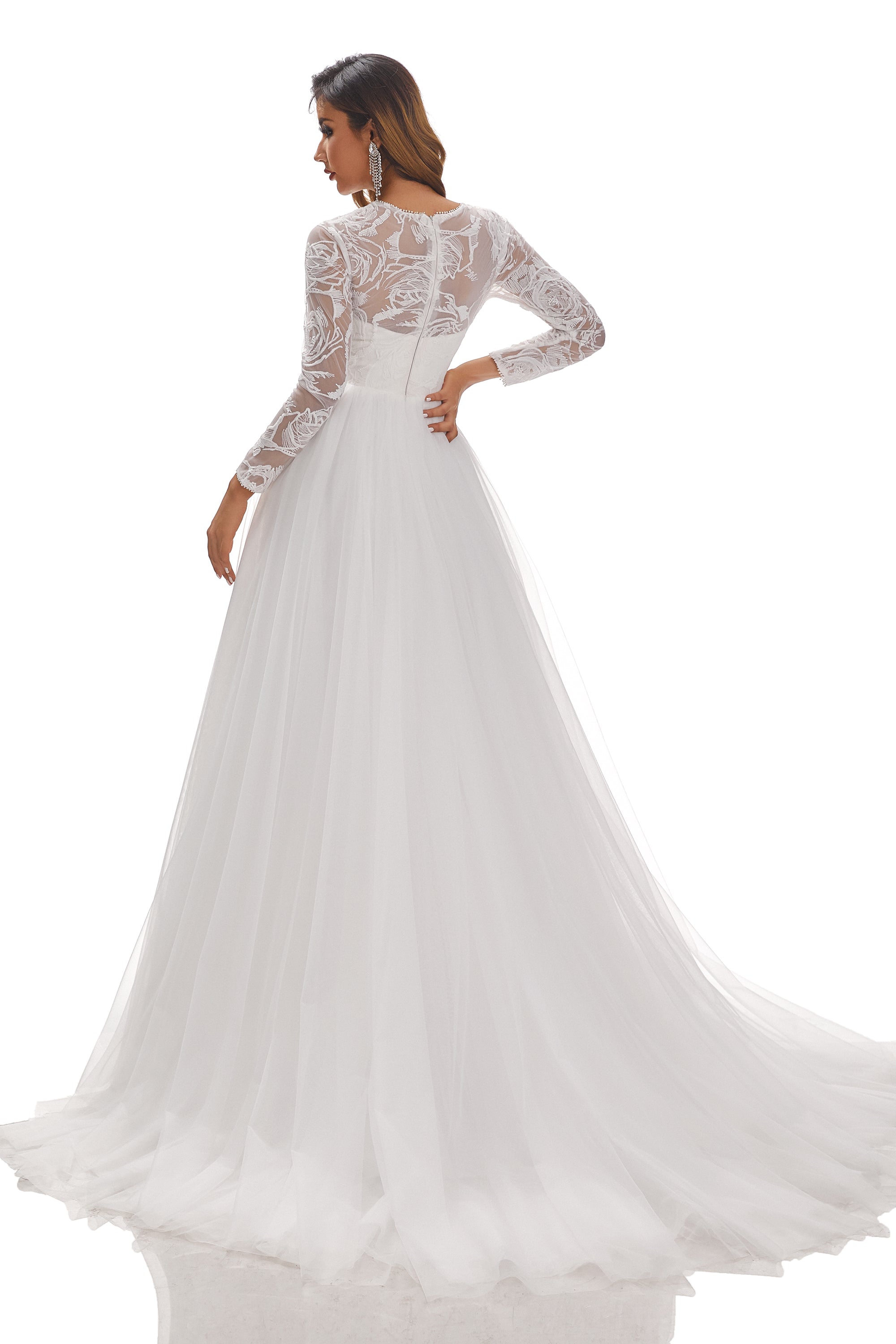 A Line Long Sleeve Lace Appliques Tulle Wedding Dresses