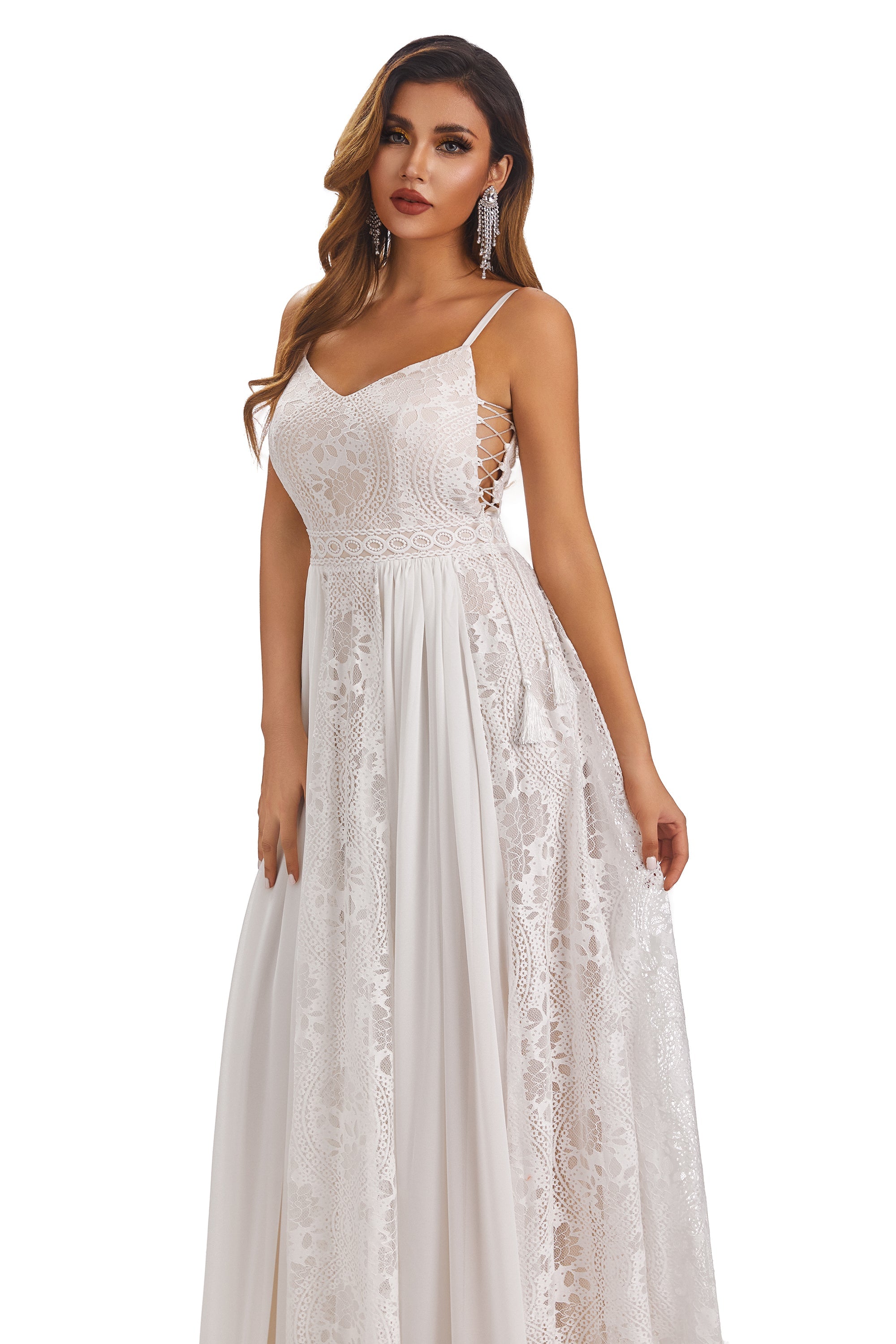 A Line Spaghetti Straps Lace Beach Wedding Dresses