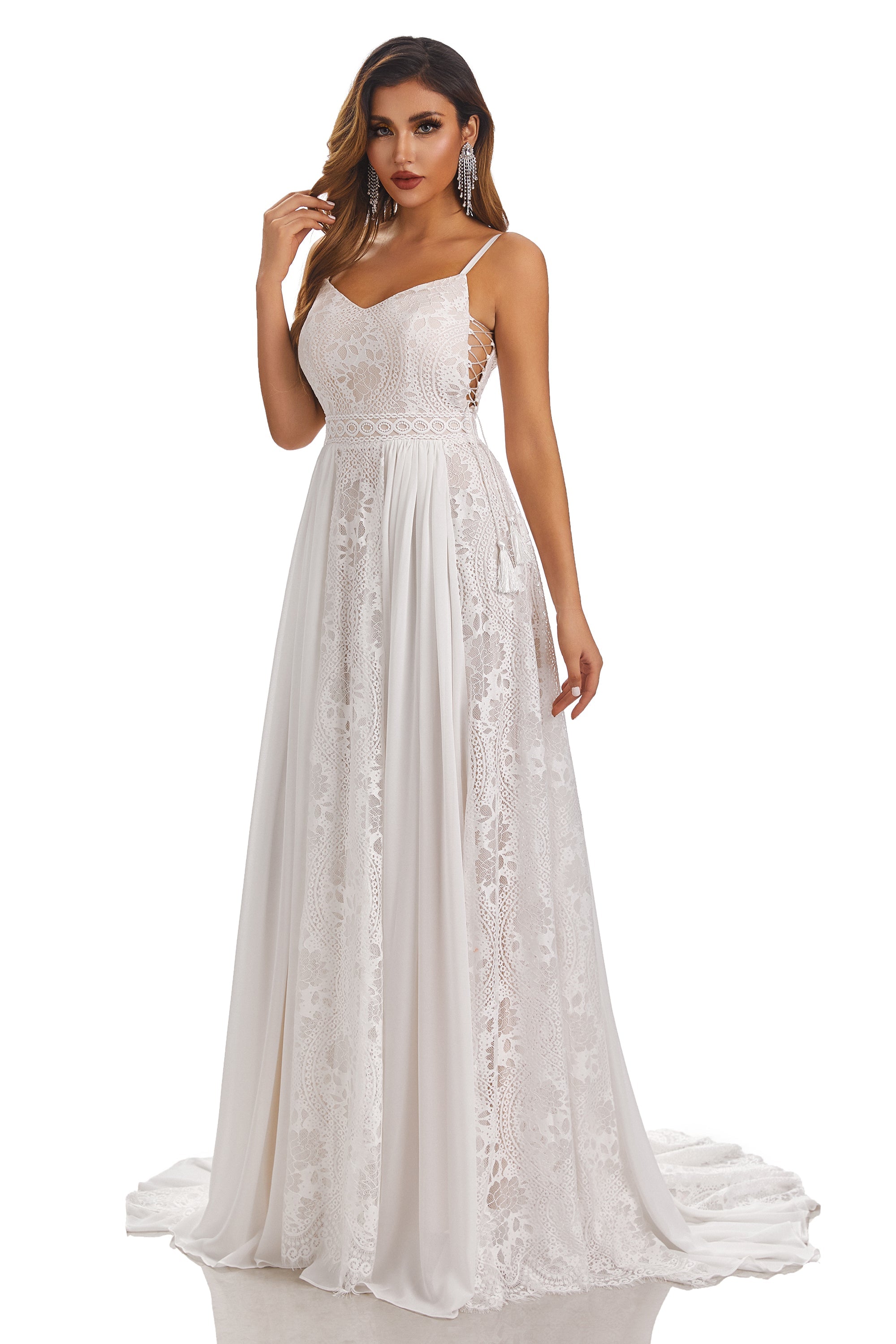 A Line Spaghetti Straps Lace Beach Wedding Dresses