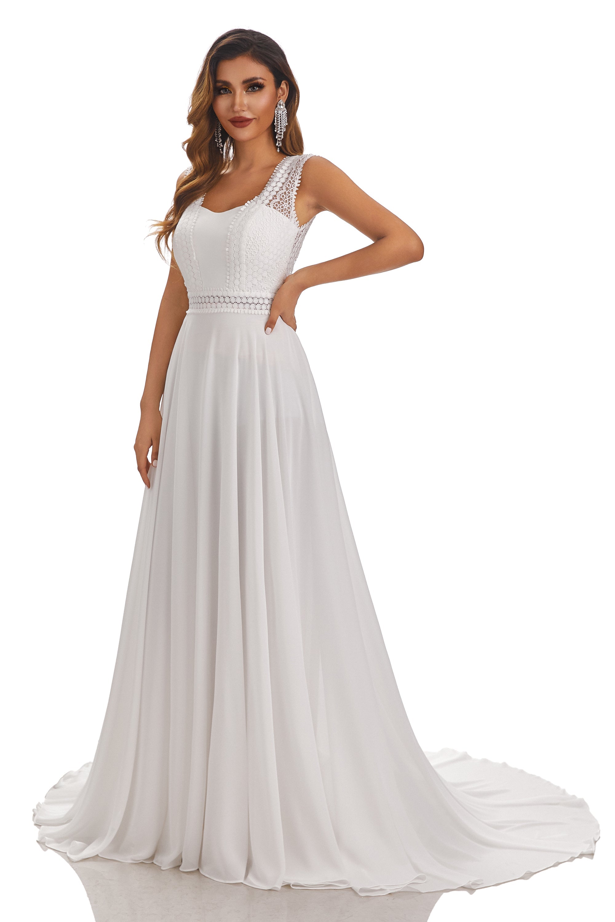 Elegant Sleeveless Lace Appliques Chiffon Beach Wedding Dresses