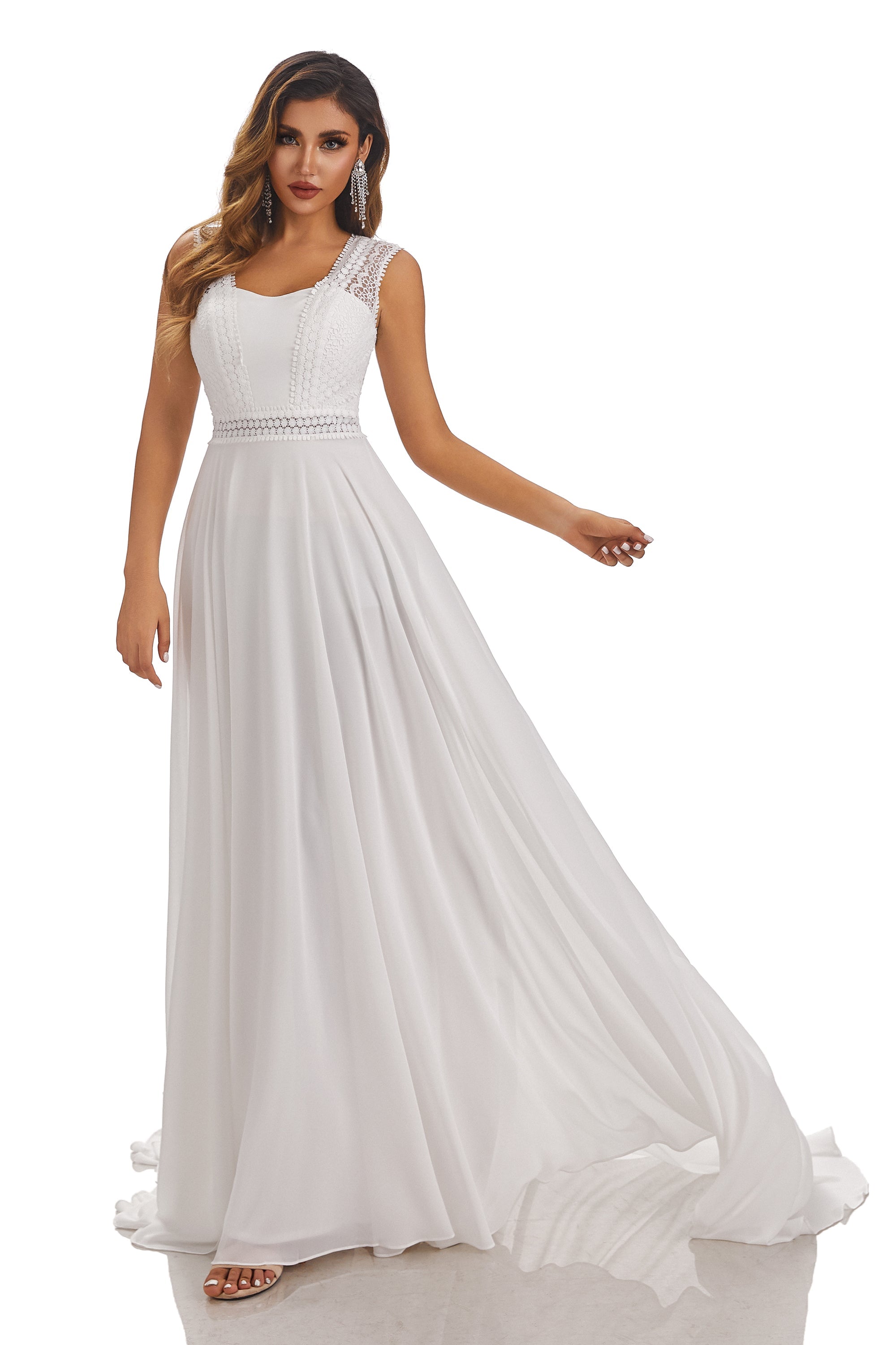 Elegant Sleeveless Lace Appliques Chiffon Beach Wedding Dresses