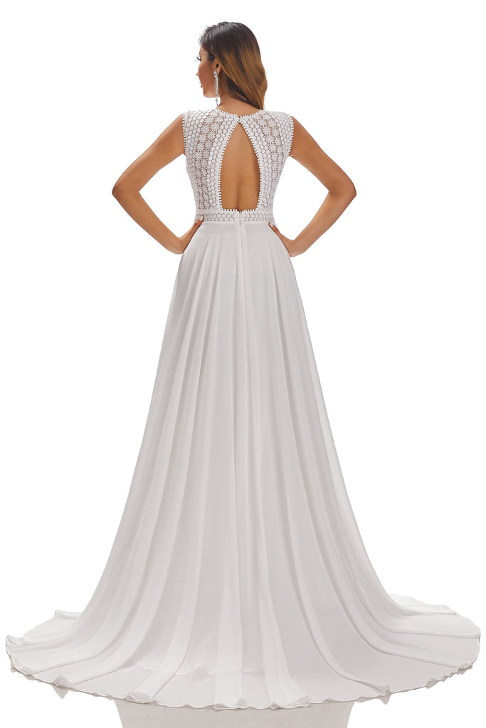 Elegant Sleeveless Lace Appliques Chiffon Beach Wedding Dresses