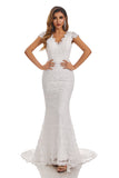 Mermaid Cap Sleeves V-Neck Lace Wedding Dresses