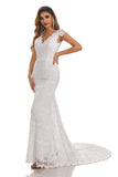 Mermaid Cap Sleeves V-Neck Lace Wedding Dresses