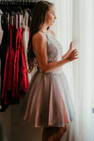 Two Pieces Knee Length Halter Tulle Homecoming Dresses with Lace Appliques N1985