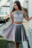 Two Pieces Knee Length Halter Tulle Homecoming Dresses with Lace Appliques N1985