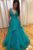 Teal Simple V Neck Long Prom Dresses with Straps and Ruffle Skirt, Dance Dresses N1594
