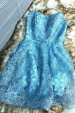 Light Blue Straps Lace Short Homecoming Dresses