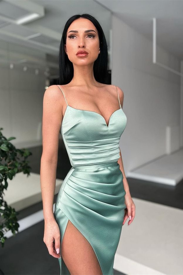 Spaghetti Straps Green Mermaid Prom Dresses With High Slit PD0444