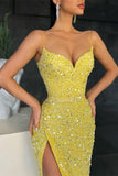 Spaghetti Straps Yellow Party Dresses Sequins Mermaid Prom Dresses with Slit PD0558