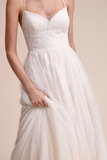 Spaghetti Straps Lace Tulle Beach Wedding Dresses with Beading Belt N464