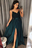 Jade Spaghetti Straps V neck Split Prom Dress with Lace,Maxi High Split Evening Gowns,N757