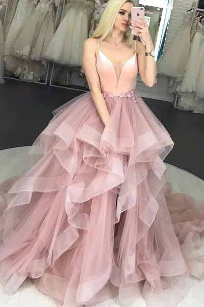 Spaghetti Strap V-Neck Puffy Long Prom Dress Unique Long Party Dress with Ruffles N1757