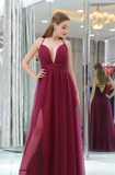 Spaghetti Straps Deep V-Neck Floor Length Side Slit Tull Prom Dress