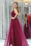 Spaghetti Straps Deep V-Neck Floor Length Side Slit Tull Prom Dress