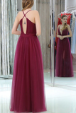 Spaghetti Straps Deep V-Neck Floor Length Side Slit Tull Prom Dress