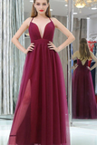 Spaghetti Straps Deep V-Neck Floor Length Side Slit Tull Prom Dress