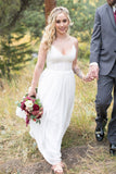 A Line V Neck Spaghetti Strap Wedding Dresses, Beach Wedding Dresses with Lace Top N1508