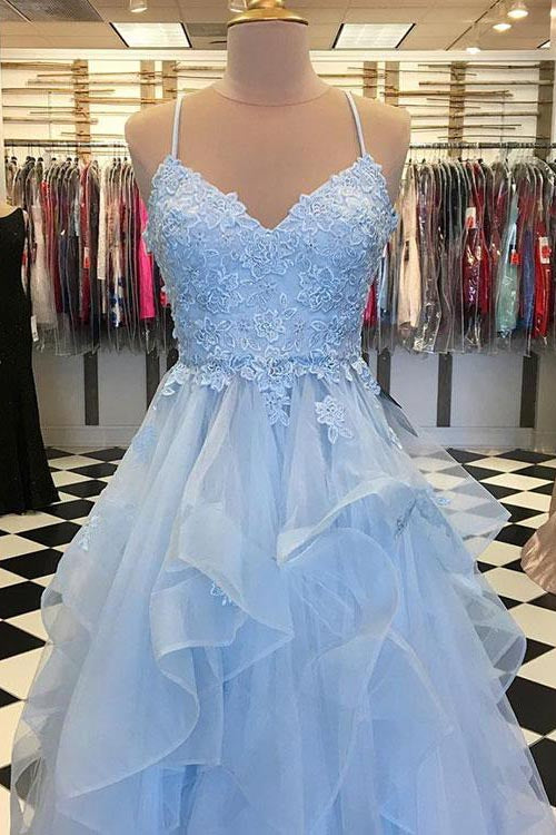 Spaghetti Straps Long Ruffles Lace Applique Evening Dresses Tulle Prom Dresses For Teens N1468