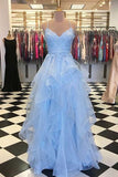 Spaghetti Straps Long Ruffles Lace Applique Evening Dress, Tulle Prom Dress For Teens N1468
