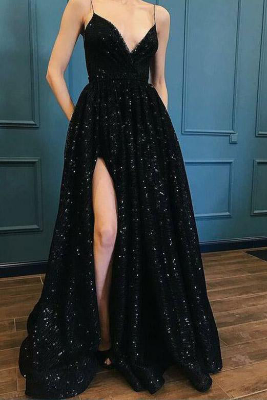 Spaghetti Straps Long Sequin Prom Dress With Split Black Long Evening Dress N1606