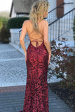 Spaghetti Straps Burgundy Mermaid Backless Long Sparkly Sequins Prom Dresses N731